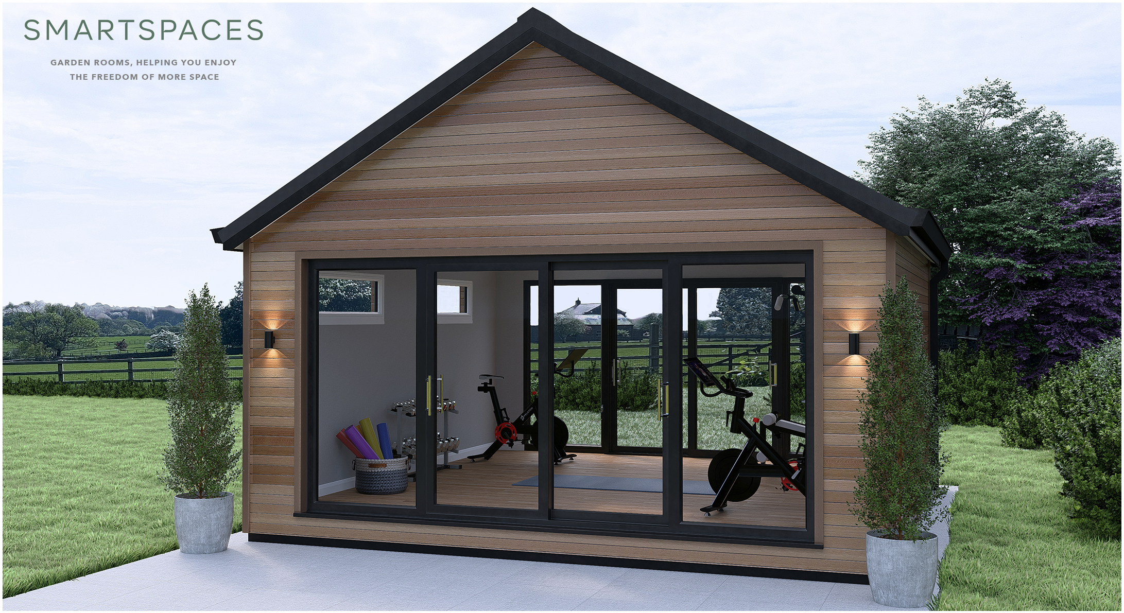 CGI image of outdoor garden room gym